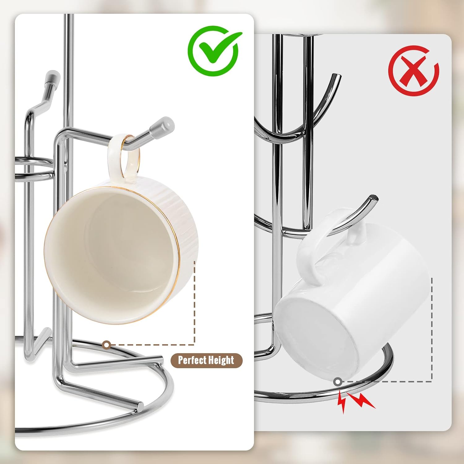 HULISEN Mug Tree for Large Cup, 6 Hook Countertop Coffee Mug Holder, Silver | Cup Rack for Counter, Stable Wide Base
