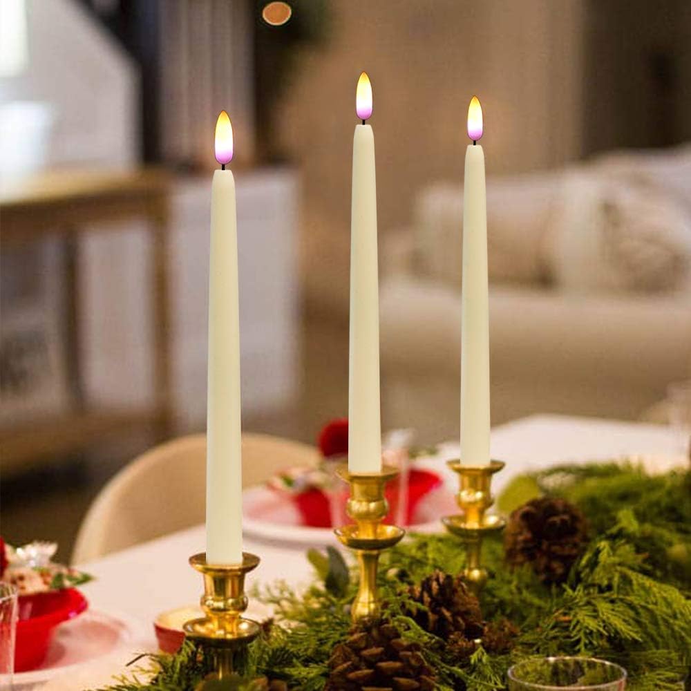 Ivory Flameless Taper Candles Battery Operated Remote Timer 8 Pack | 3D Wick Flickering LED Candlesticks, 400 Hours