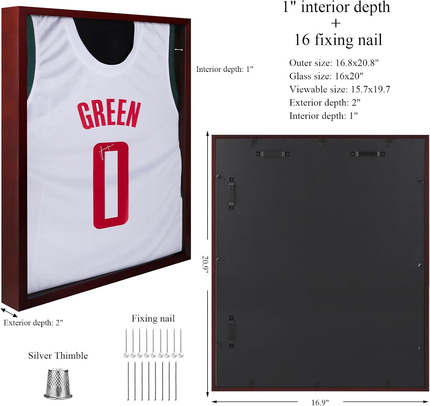 1DOT2 Shadow Box Frame 16x20 Large Jersey Display Case, Cherry Red | Grade A Natural Pine Wood, HD Acrylic Front, Metal