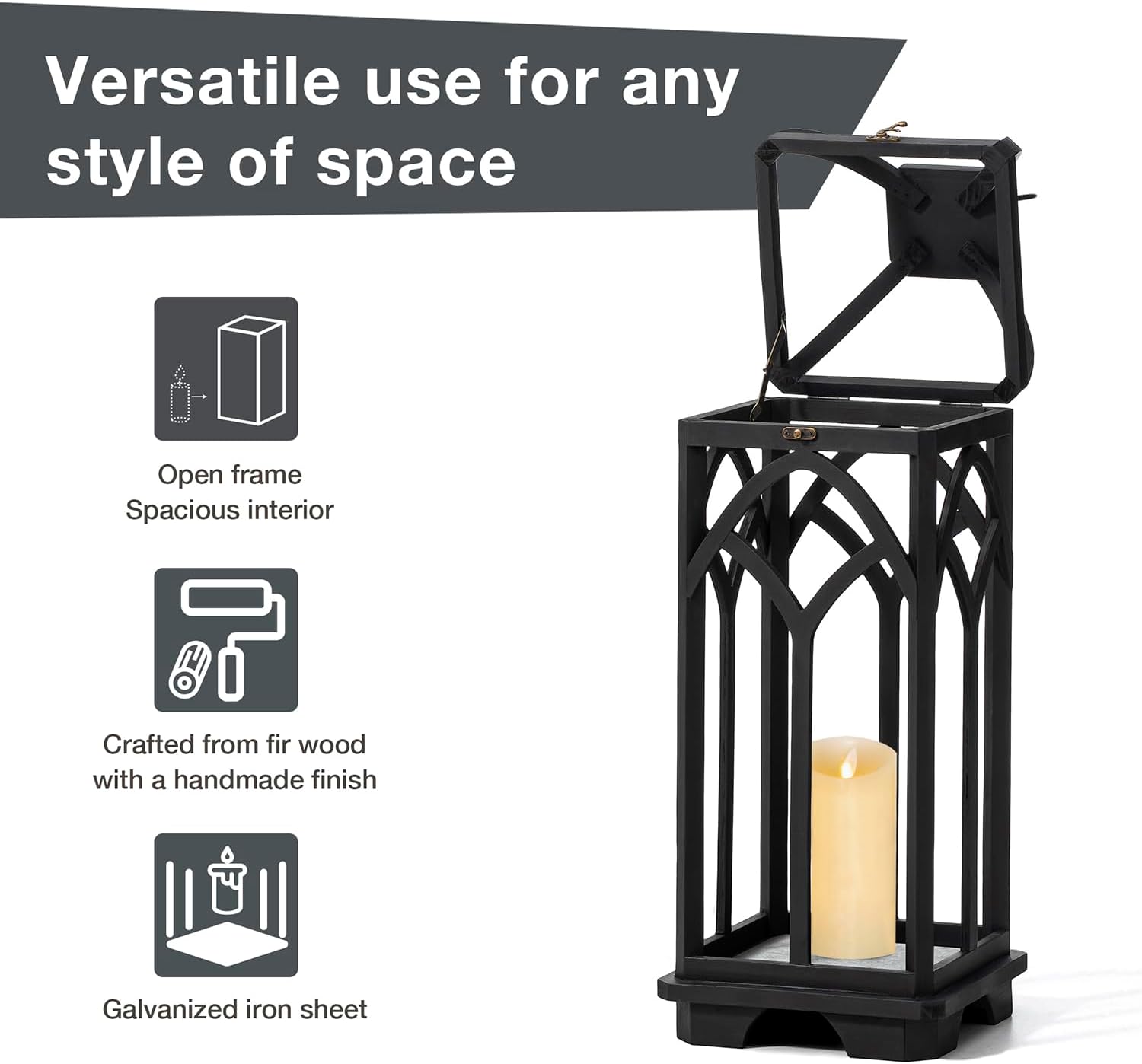 Glitzhome Farmhouse Decorative Lanterns Wooden Candle Lantern, Church Window Wood Frame Lanterns for Wedding Mantle