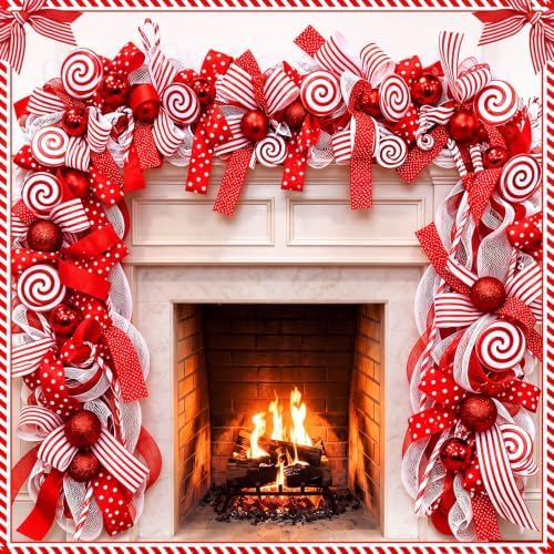Norme 8.2 ft Christmas Candy Cane Ribbon Garland for Mantel, Red and White