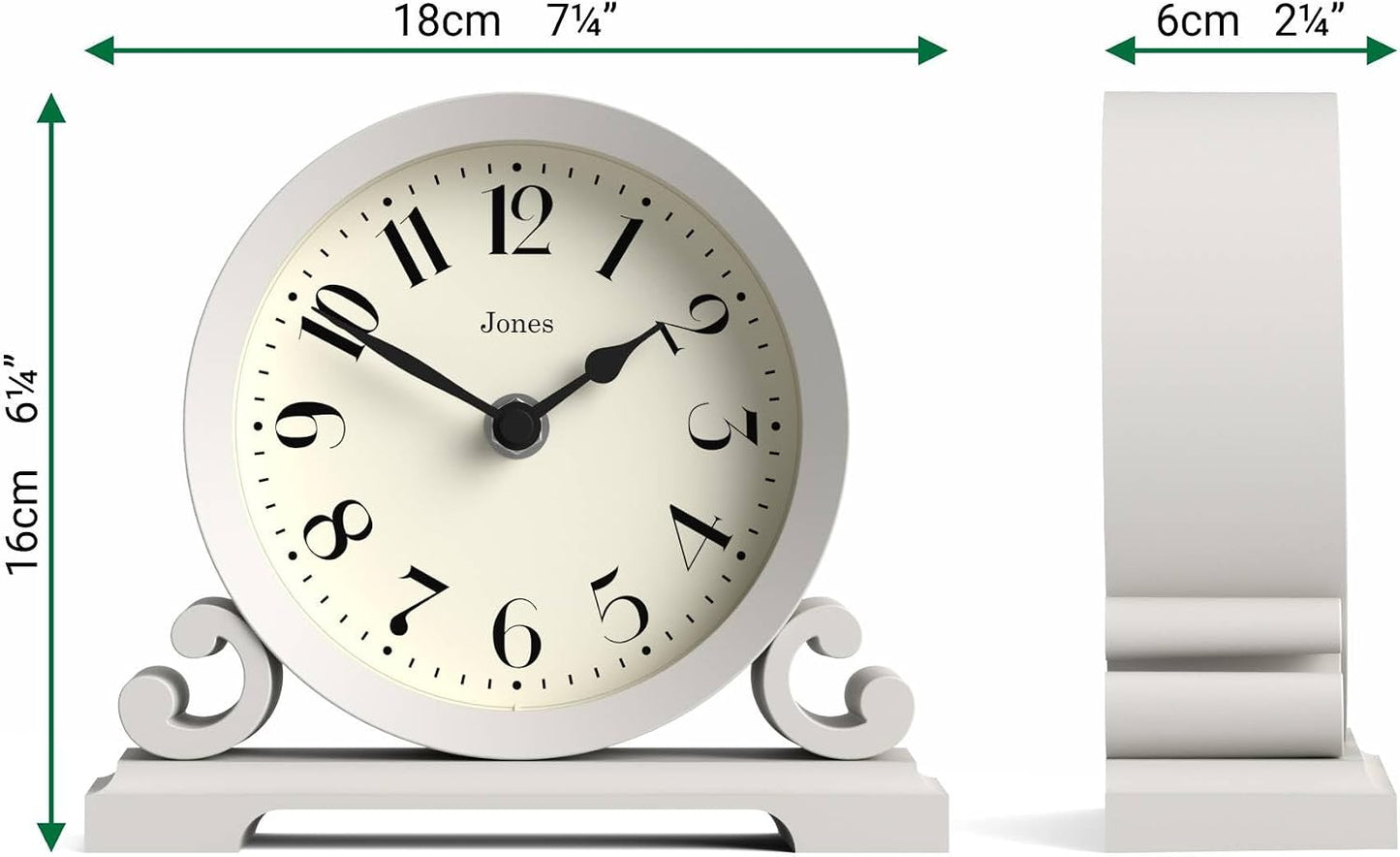JONES CLOCKS® Saloon Mantel Clock | Small Traditional Double Scroll Design | Gray | Contemporary Classic Style for