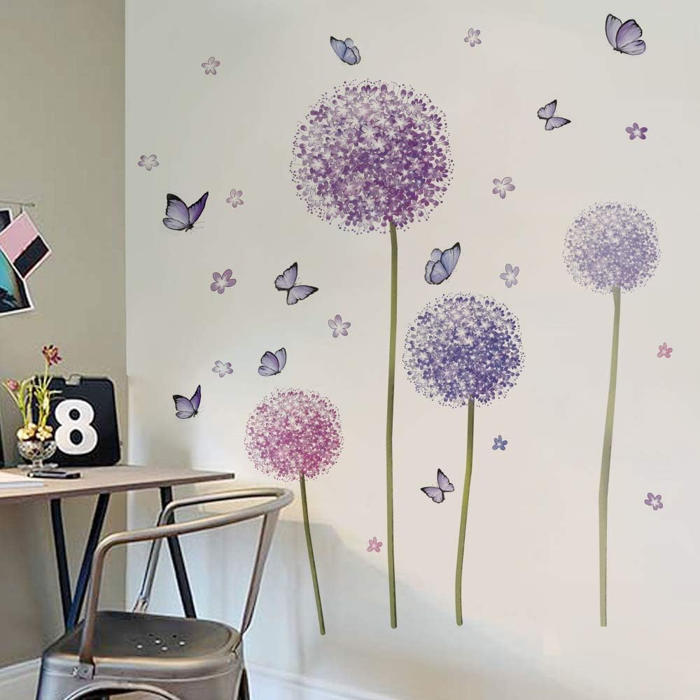 Flower Wall Decals Dandelion Butterfly Wall Stickers / Purple Flower and Butterfly