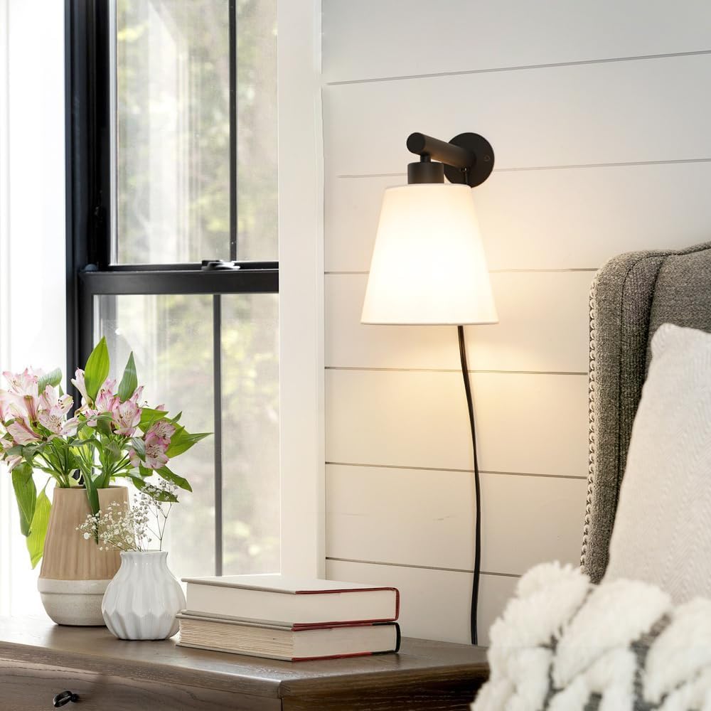 Plug in Wall Sconces Set of Two, Wall Lamp with Plug in Cord, Black Wall Sconce Light Plug in, Bedside Wall Mounted