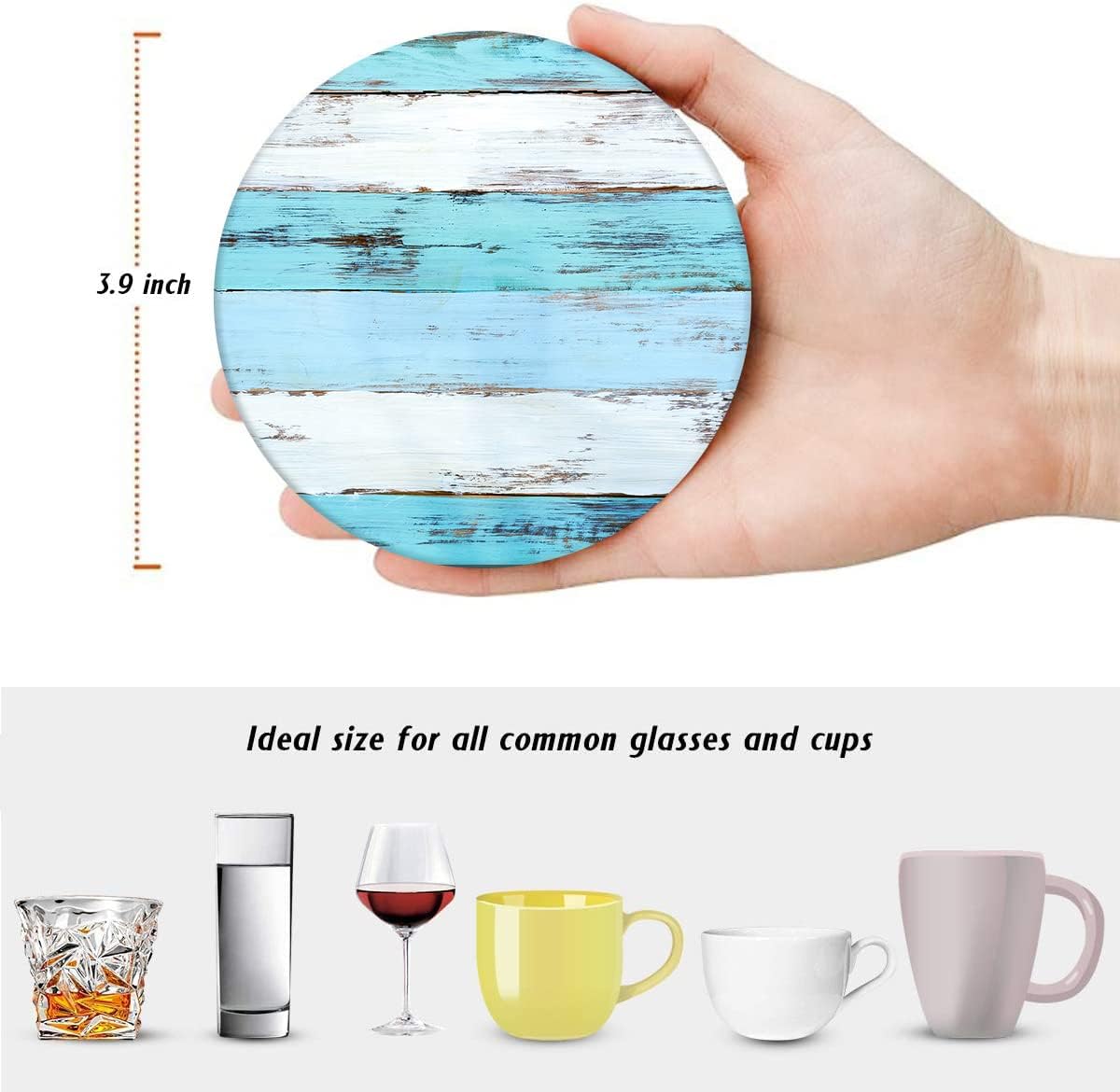 Wooden Board Blue Table Absorbent Round Ceramic Stone Mat / Wood 2 / Brown / Set of 6