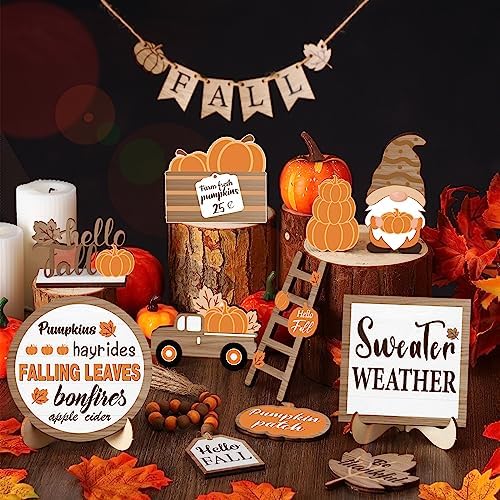 Maitys 21 Pcs Fall Tiered Tray Decor Set Hello Fall Pumpkin Gnome Truck Wood Sign Rustic Farmhouse Thanksgiving Wood Bead Decorative Tabletop Sign for Home Autumn Thanksgiving Harvest Table Shelf