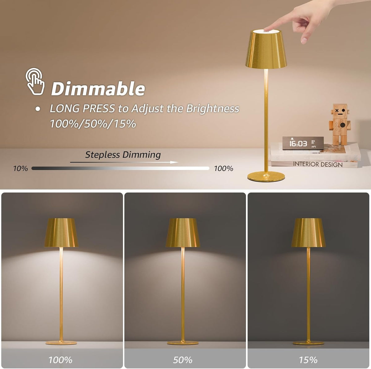uuffoo 2 Pack Rechargeable Cordless Table Lamps, 5200mAh Battery Operated Lamp Portable Waterproof, Stepless Dimmable