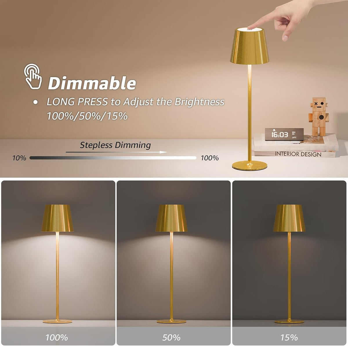 uuffoo 3 Pack Rechargeable Cordless Table Lamps, 5200mAh Battery Operated Lamp Portable Waterproof, Stepless Dimmable