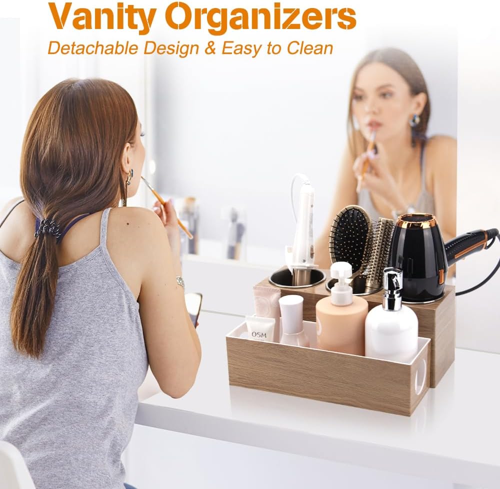 GFWARE Hot Hair Styling Tool Organizer with 3 Stainless Steel Cups, Wood | Hair Accessories Bathroom Vanity Storage