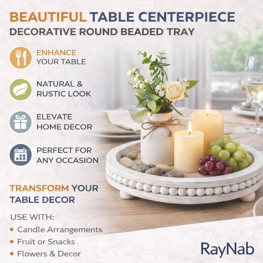 Farmhouse Round Wooden Beaded Tray