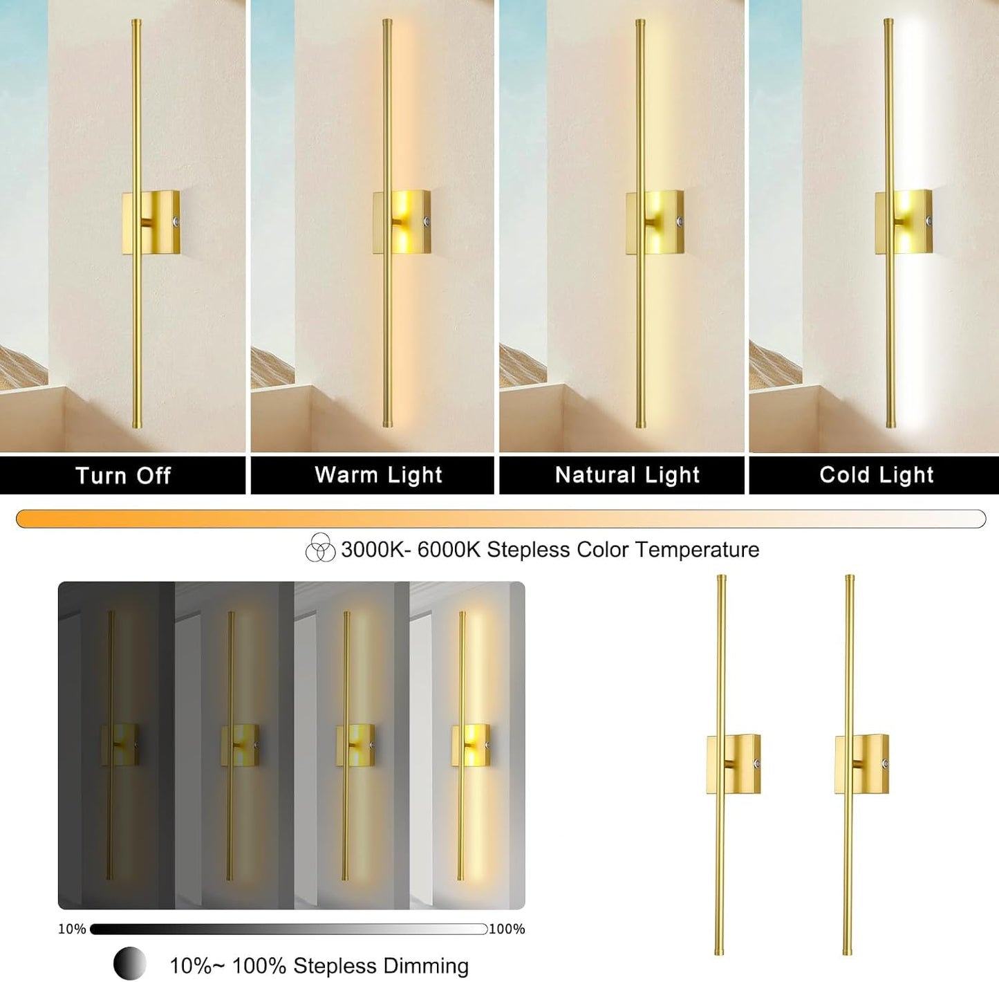 15800 mAh Battery Operated Wall Sconce with Remote Control Dimmable Wall Sconce Set of Two 3000K LED Brass Gold
