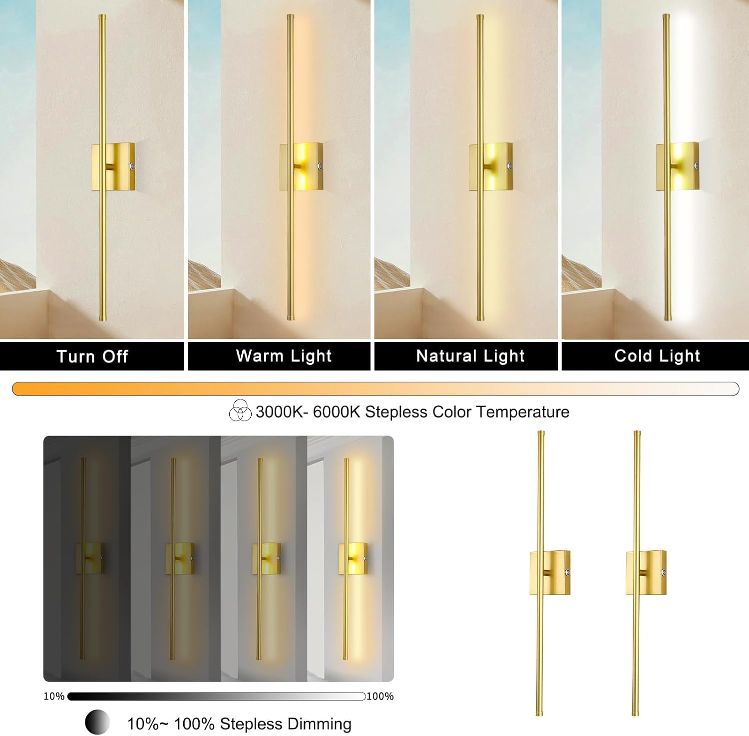 15800 mAh Battery Operated Wall Sconce with Remote Control Dimmable Wall Sconce Set of Two 3000K LED Brass Gold