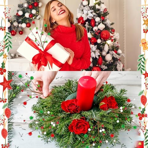 Sggvecsy 6Pcs Artificial Berry Stems 16inch Christmas Tree Picks Red Green White Berry Picks Fake Christmas Berry Branches for Floral Arrangements Christmas Tree Holiday Home Xmas DIY Crafts Decor