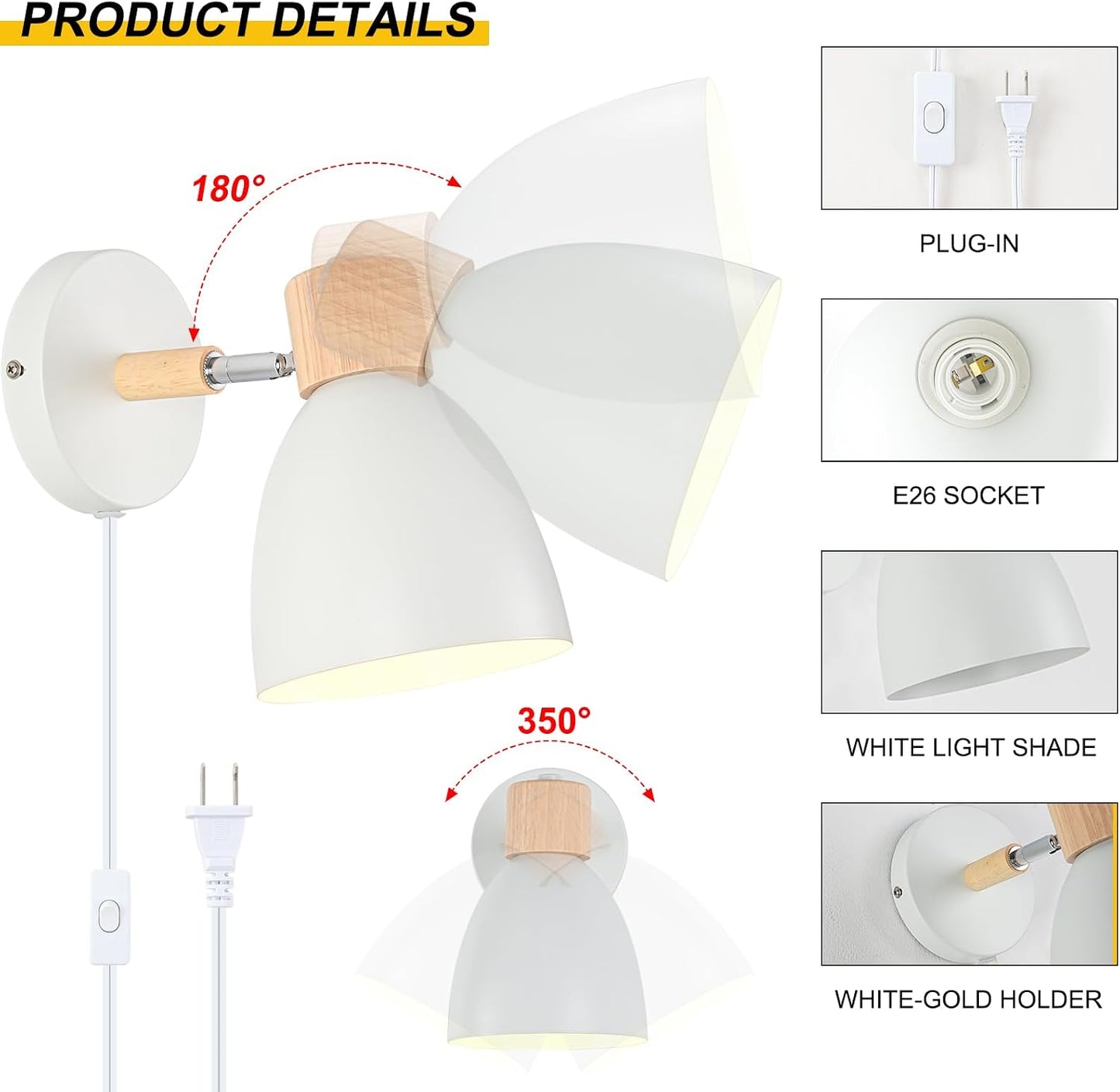 Wall Sconces Plug in, Swing Arm Wall Lamp with Power Cord, White Plug in Wall Lighting Fixtures Set of Two, Bedside
