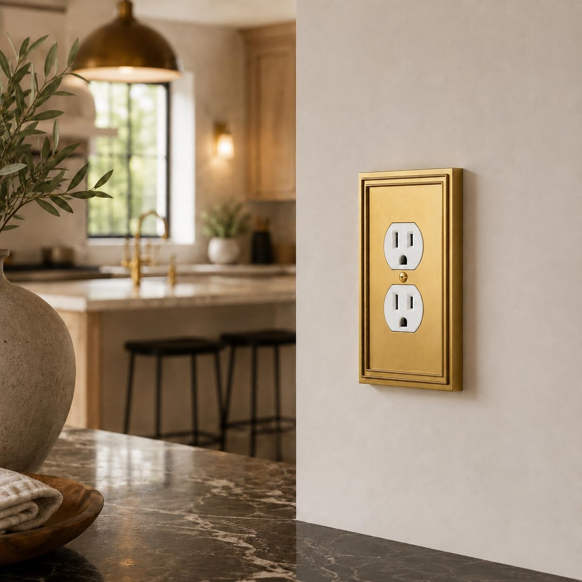 Rio Salto Gold Decorative Outlet Cover Plate Duplex Modern Wall Plates Receptacle Brushed Brass Gold Metal Wall Plates