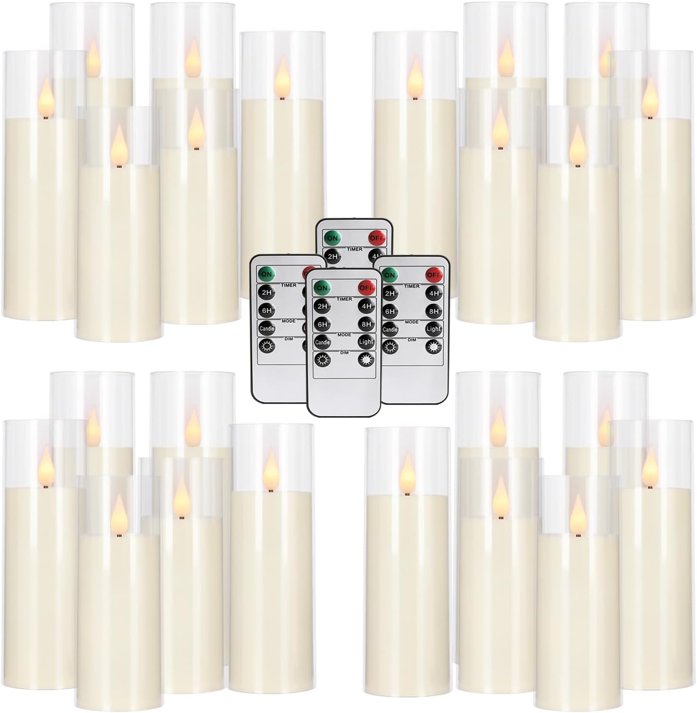 24-Pack LED Flameless Candles(14/16/18cm) with 4 Timers Remote - 3D Flickering Flame, Clear, Perfect Decor for Home &