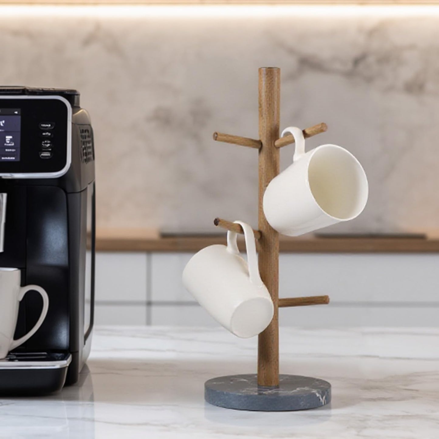 Buruis Mug Holder, Acacia Wood & Marble Base, 6 Hooks Kitchen Countertop Coffee Tea Cups Organizer | Coffee Mug Rack