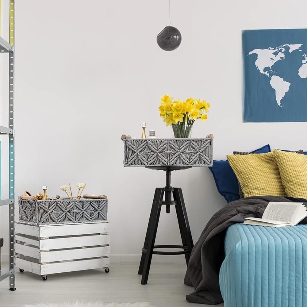 Macrame Storage Basket Boho Decor Baskets for Organizing Woven Decorative for Countertop / Grey
