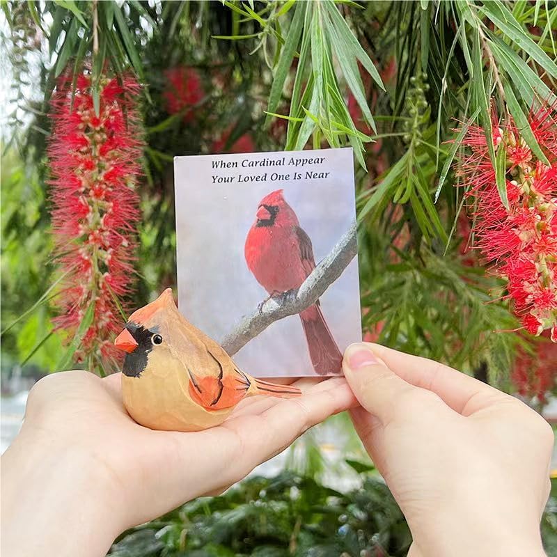 Small Wooden Christmas Female Bird Statue Decor / Female Cardinal / Red