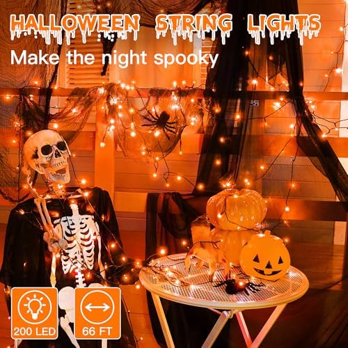 Guhope 66FT 200 LED Halloween Lights, Orange Halloween Lights Outdoor with 8 Lighting Modes, Waterproof String Lights for Halloween Christmas Outdoor Party Yard Garden Decoration