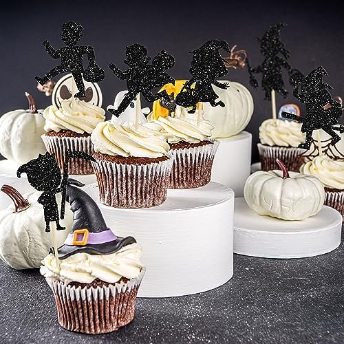 Gyufise 24Pcs Halloween Cupcake Toppers Black Glitter Trick or Treat Halloween Cupcake Pick Decorations for Baby Shower Kids Boys Girls Birthday Party Cake Decorations Supplies