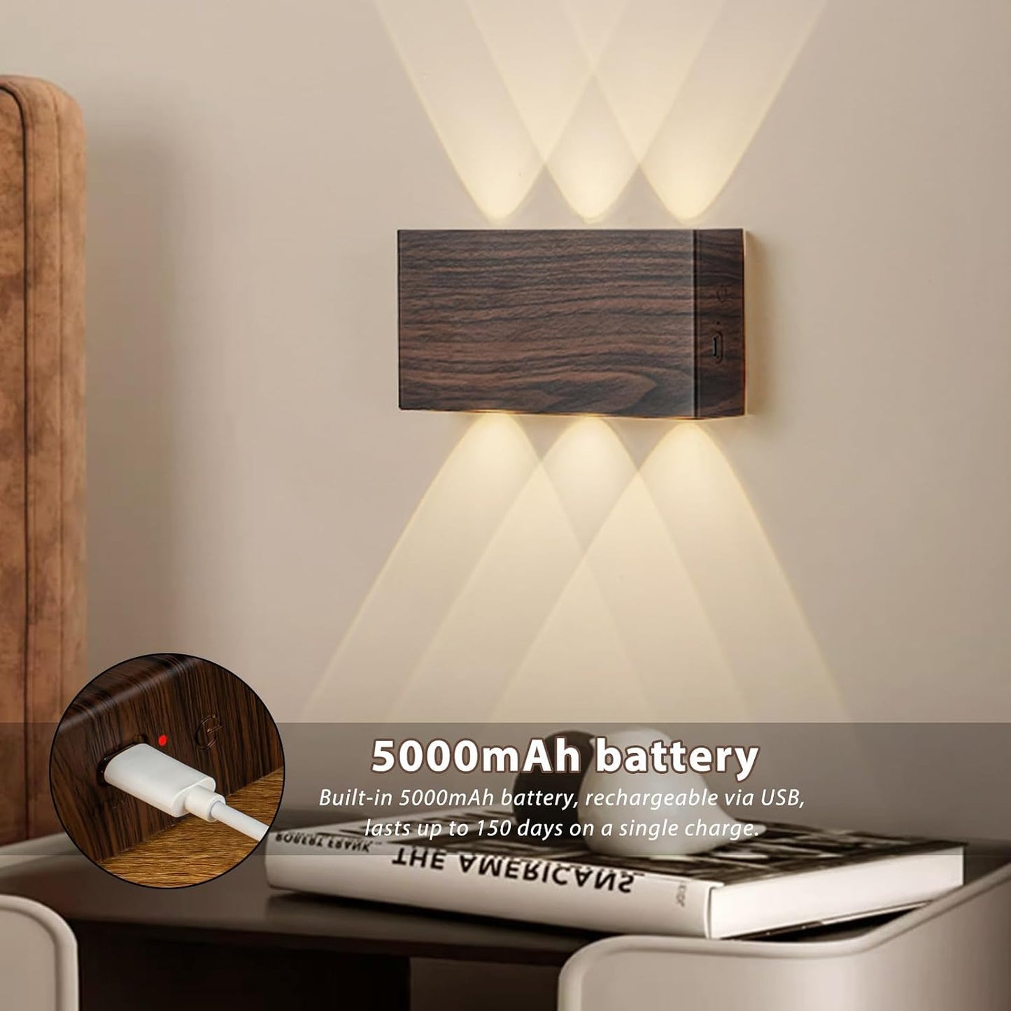 2 Pcs LED Magnetic Wall Sconce Lights,5000mAh Wireless Bedside Wall Light USB Rechargeable Reading Wall Lamp,3 Lighting