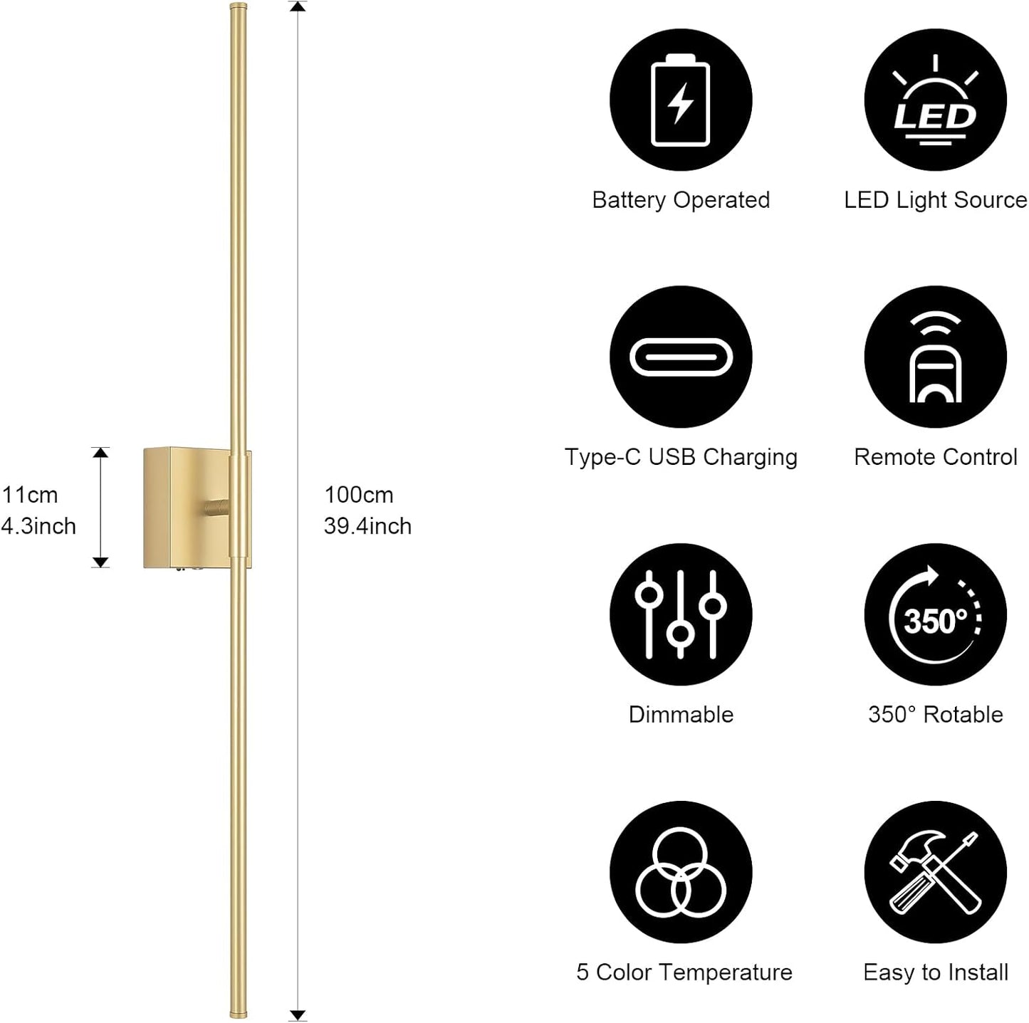 Battery Operated Wall Sconce Set of Two with Remote Control, 3000K-6000K Dimmable Gold Wall Lights, Timable LED