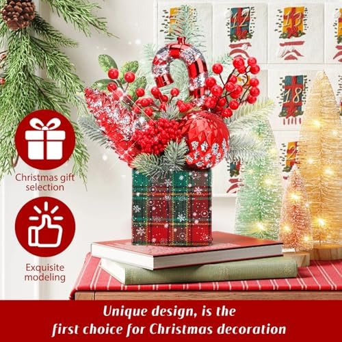 Small Christmas Tree Tabletop Artificial Mini Christmas Tree Decorations with Holiday Ornaments Red Berry Pine Cone Greenery for Home Indoor Fireplace Mantel Xmas Decor (Large-Square-Red)