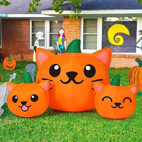 COMIN Halloween Inflatable 5FT Long Three Pumpkin Cat Head Combo with Built-in LEDs, Blow Up Yard Decoration for Holiday Party Indoor, Outdoor, Yard, Garden, Lawn