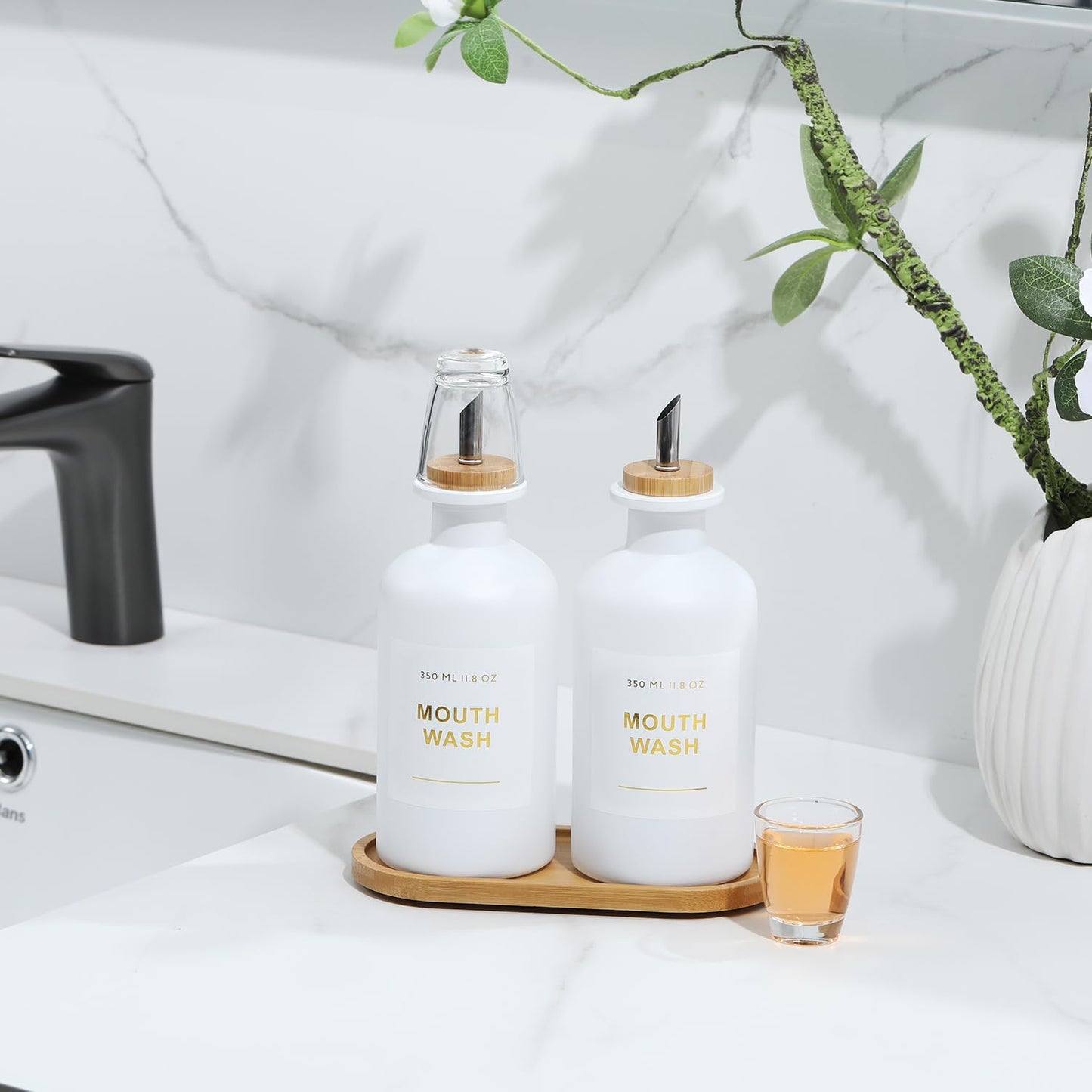 11.8OZ Mouthwash Dispenser, Set of 2, White | Bamboo & Stainless Steel Pour Spout, Mouthwash Cups Reusable, Bamboo