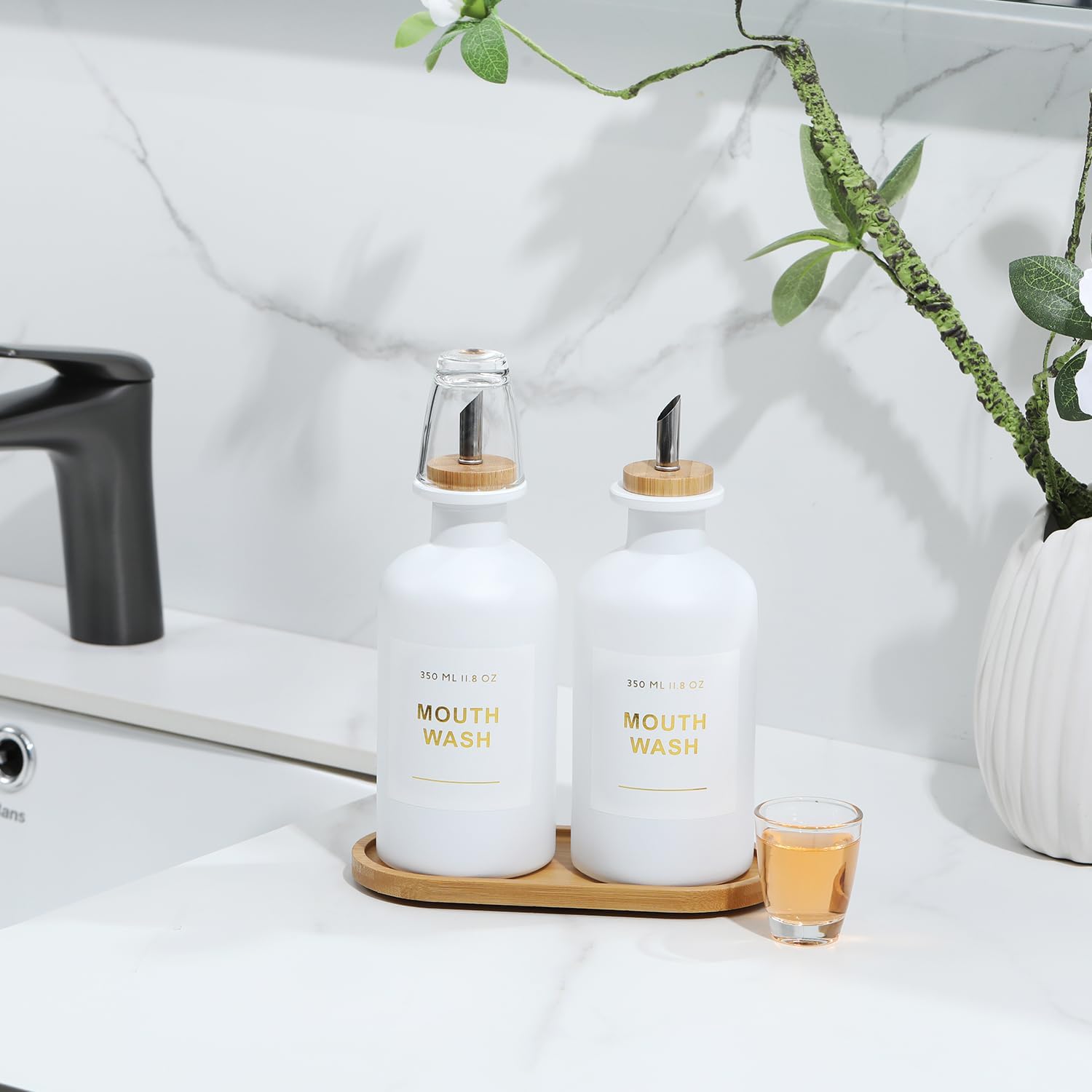 11.8OZ Mouthwash Dispenser, Set of 2, White | Bamboo & Stainless Steel Pour Spout, Mouthwash Cups Reusable, Bamboo