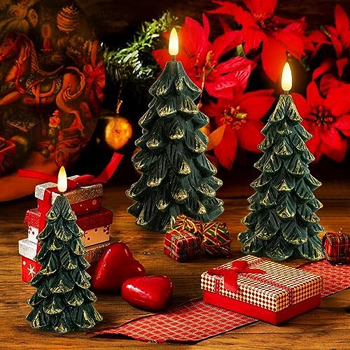 Green Christmas Tree Shaped Flickering Flameless LED Candles with Timer, Real Wax Battery Operated, Set of 3