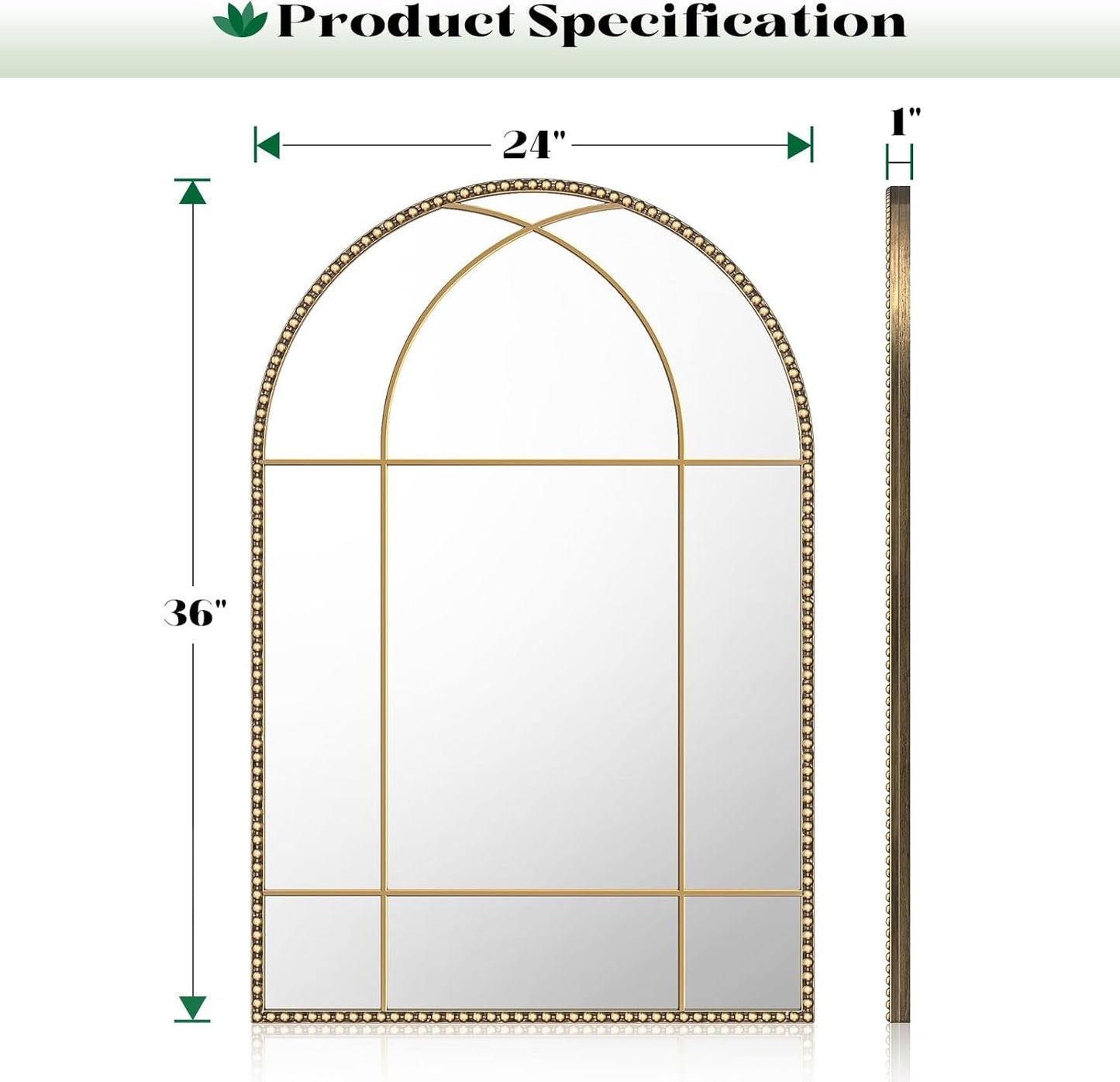 Metal Frame / Gold Arched Window Beaded Mirror / Retro Gold / 36"L x 24"W / 24 x 36