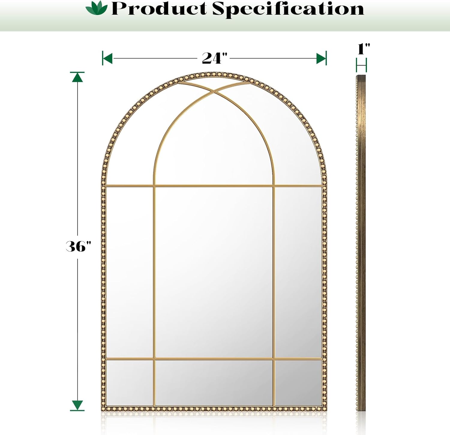 Metal Frame / Gold Arched Window Beaded Mirror / Retro Gold / 36"L x 24"W / 24 x 36