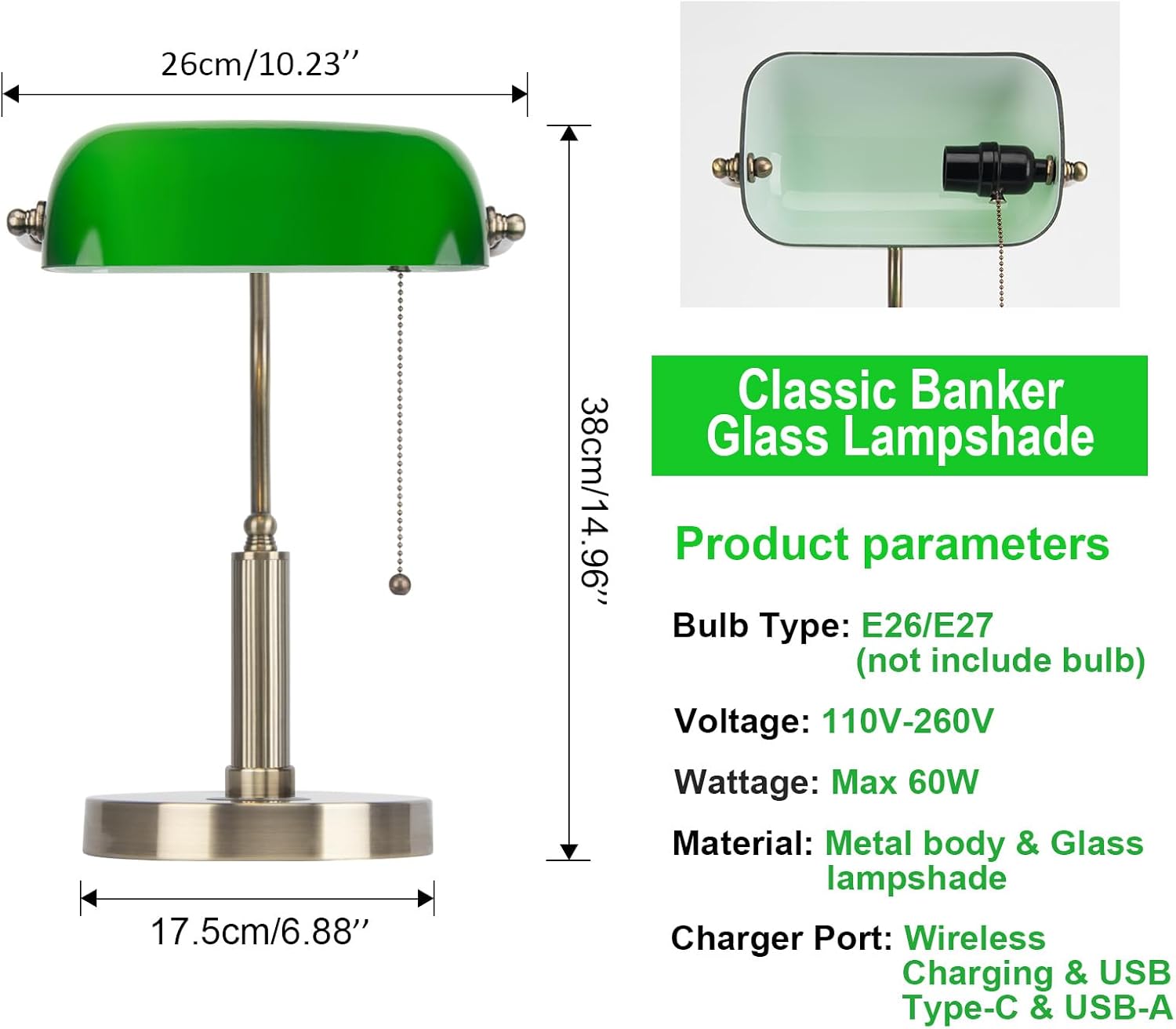 FIRVRE Glass Bankers Desk Lamp,USB Wireless Charging Port LED Desk Lamp, Classic Retro Pull Chain Switch Table lamp