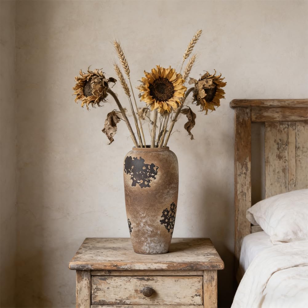 Large Rustic Ceramic Vase / Brown / 12.6 Inch