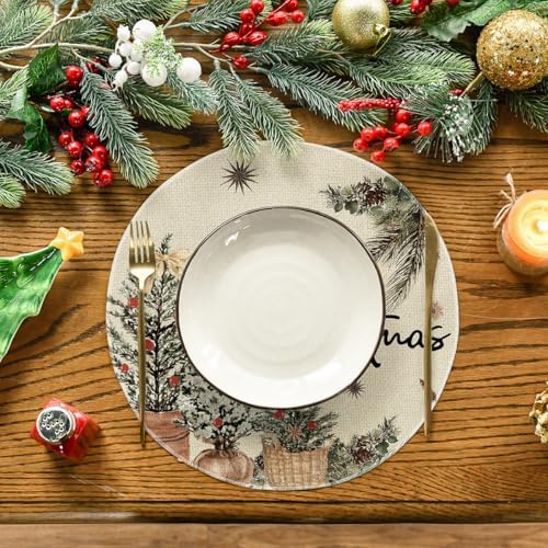 Artoid Mode Xmas Trees Holly Pine Cone Merry Christmas Round Placemats Set of 4, 14 Inch Winter Round Table Mats for Dining Decoration