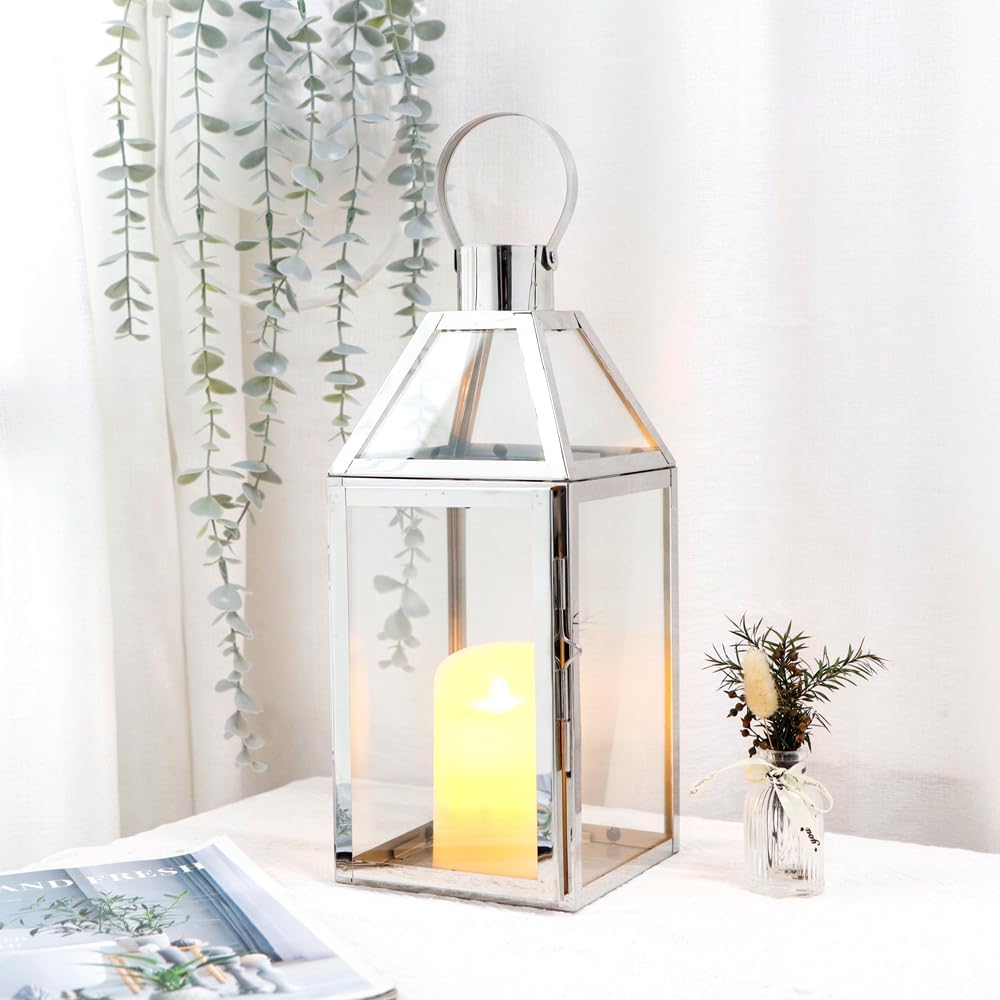 JHY Design Silver Decorative Lanterns 16inch High Stainless Steel Candle Lanterns with Tempered Glass for Indoor