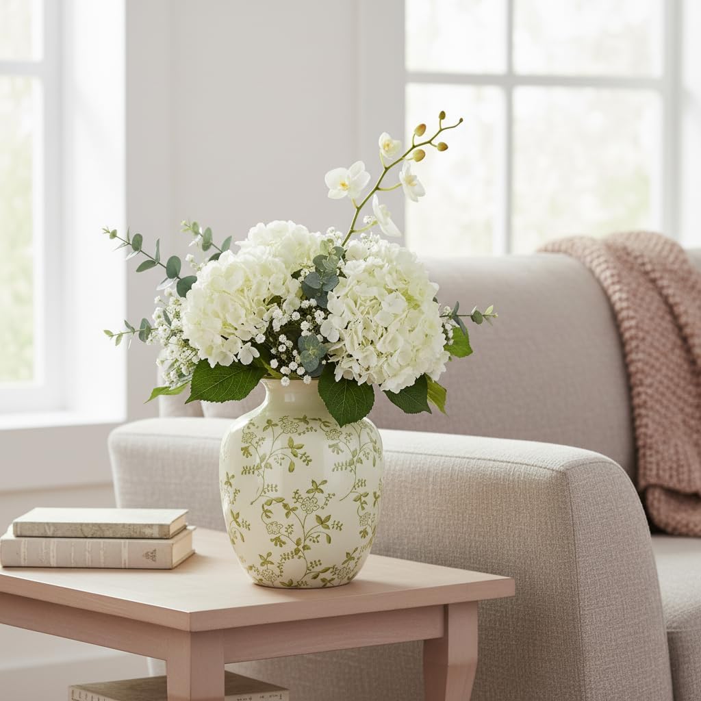 Ceramic Vase for Pampas Grass / Green and Beige / 7 Inch