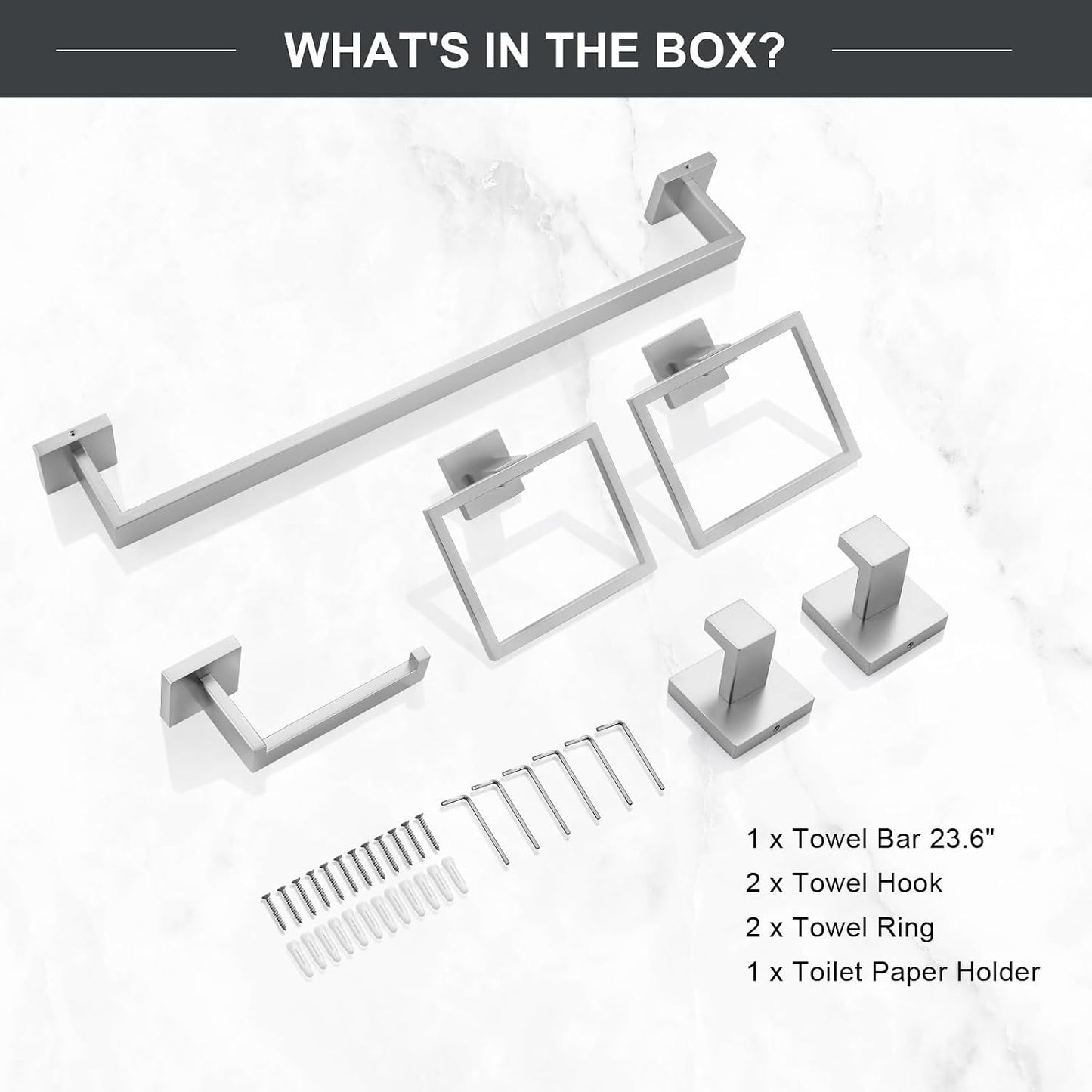 TQKAG 6-Piece Towel Bar Set, 23.6 Inch Bathroom Hardware Set Brushed Nickel | Stainless Steel, Wall Mounted, Nickel