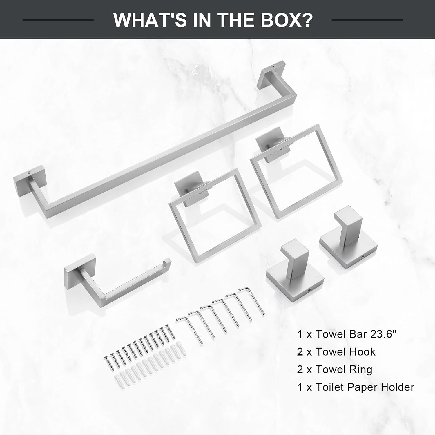 TQKAG 6-Piece Towel Bar Set, 23.6 Inch Bathroom Hardware Set Brushed Nickel | Stainless Steel, Wall Mounted, Nickel