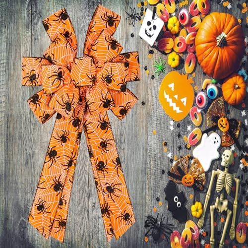 2PCS Halloween Bows for Wreath Large Halloween Bow with Spider Web Pattern