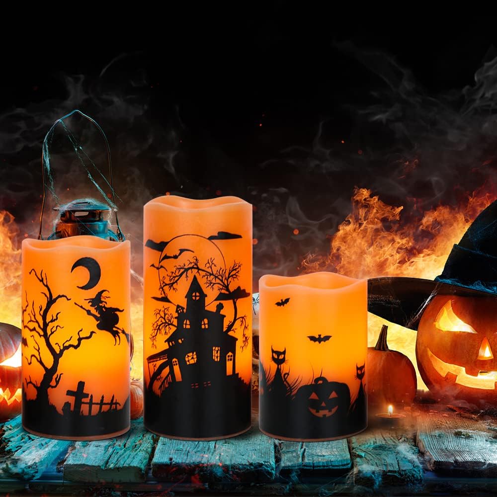 GenSwin Halloween Candles with Timer, Flickering Flameless Candles Battery Operated, 3 Pack Real Wax Pillar Candles for