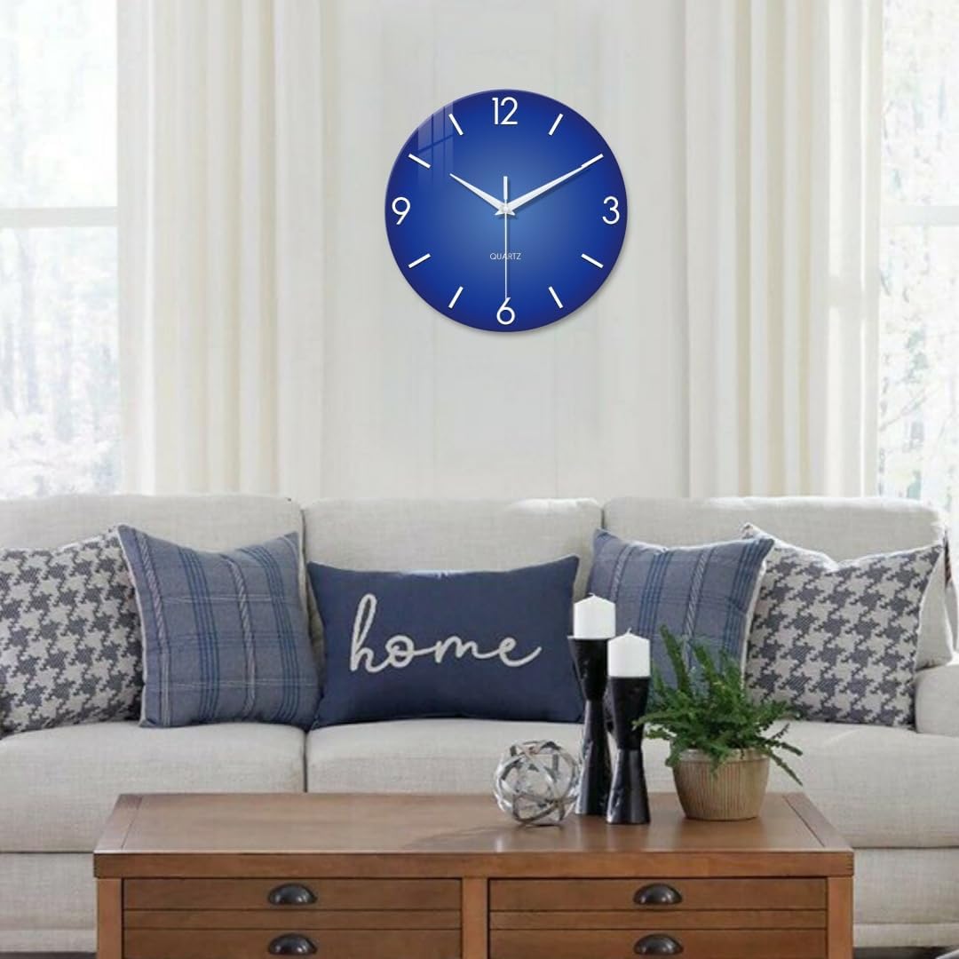 Large Blue Glass Wall Clock 20 Inch Modern | Battery Operated Silent Non Ticking Simple Minimalist Round Analog