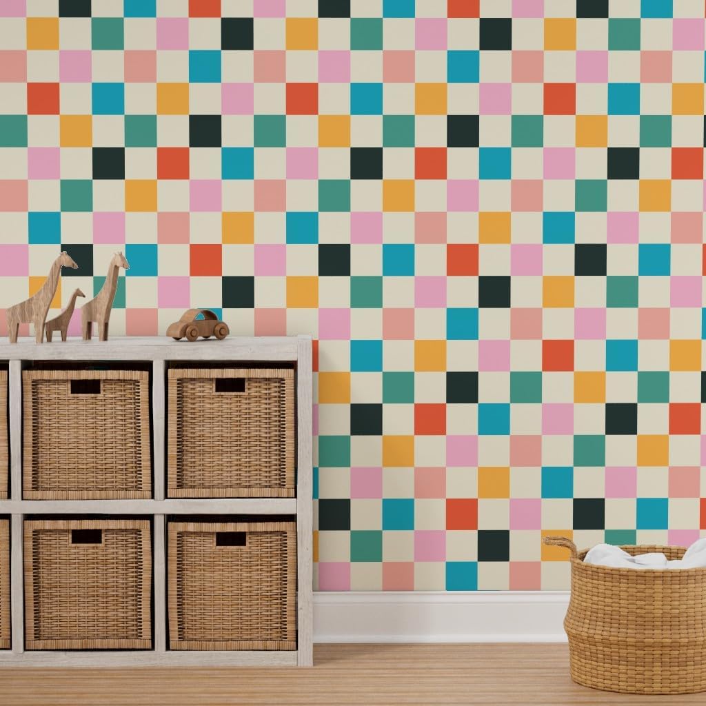 Retro Checkerboard Orange Modern Multicolor Checker Custom Removable / 24 x 144 / Roll / Pink