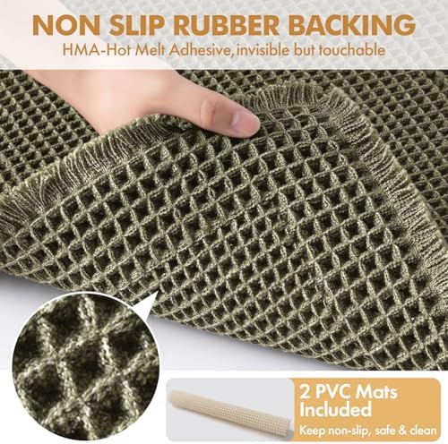 MIULEE Set of 2 Waffle Bathroom Rugs Bordered Mat Green 17"x24"+18"x30"