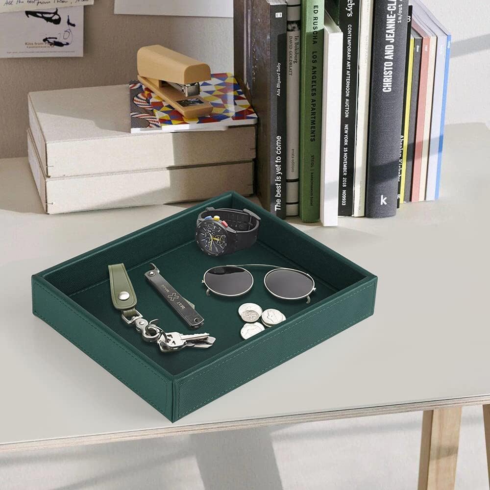 Faux Leather Decorative Tray / Dark Green / 10.2 x 8.4 x 1.8