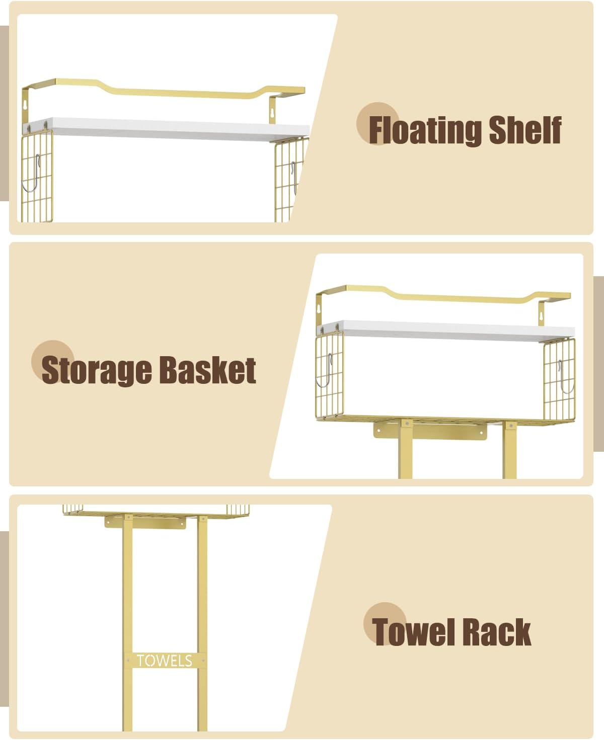 Aetyord Towel Racks for Bathroom - Wall Mounted Metal Rack with Wood Plank, Bathroom Storage Organizer, Towel Holder