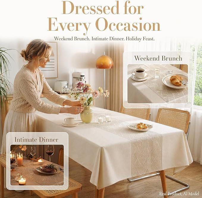 Nordic Faux Linen Tablecloth, Rectangle Modern Cream Beige Cover | Stain Resistant & Spillproof Minimalist Solid Table