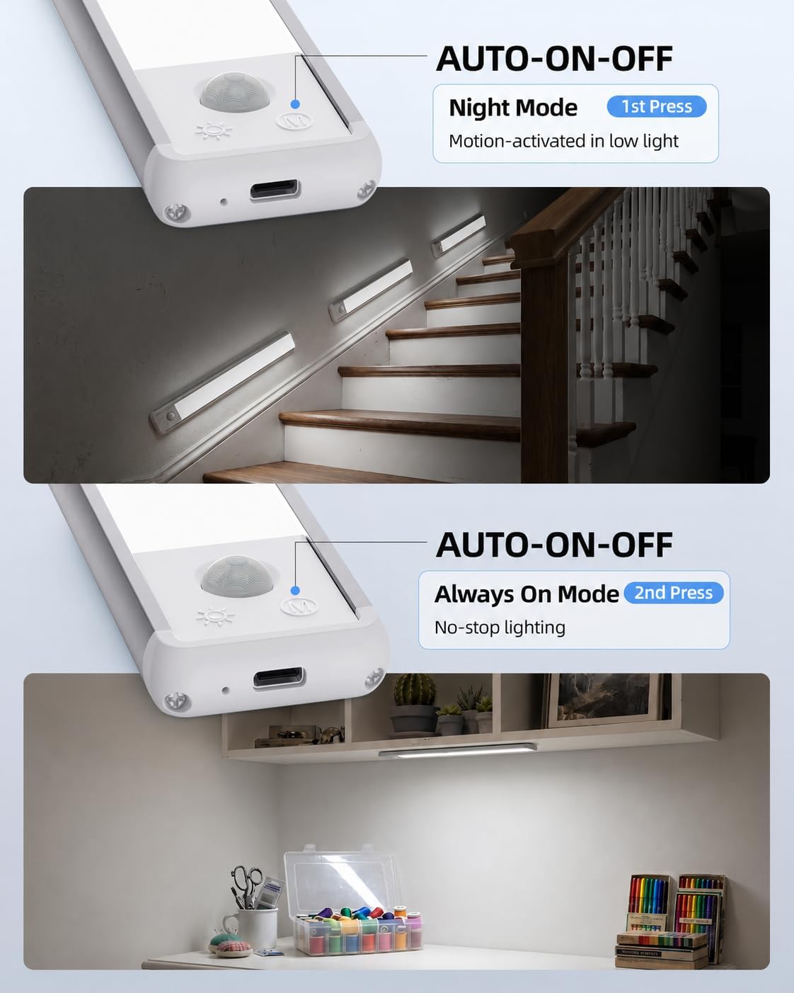 EZVALO 4-Pack Under Cabinet Lighting, 12-inch Motion Sensor Light, 2400mAh Rechargeable, 3 Color Temperatures